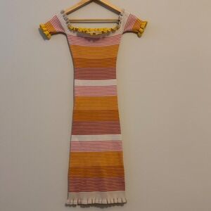 Dee Elly Striped Ribbed Knit Off Shoulder Ruffle Bodycon Midi Dress Orange Red M